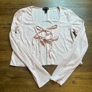 Streetwear Society Pale Pink Ribbed Tie-Front Long Sleeve Crop Top